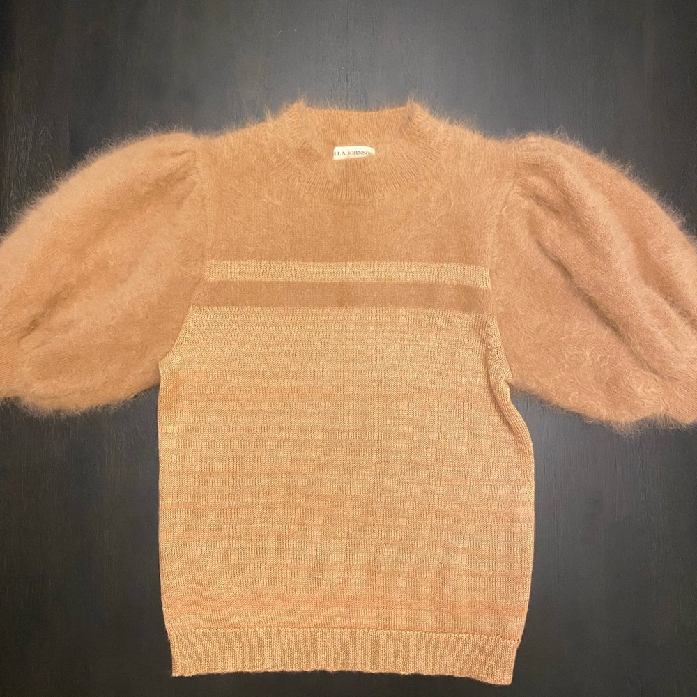 Dusty Rose Angora and Metallic Thread Sweater with Puff Sleeves